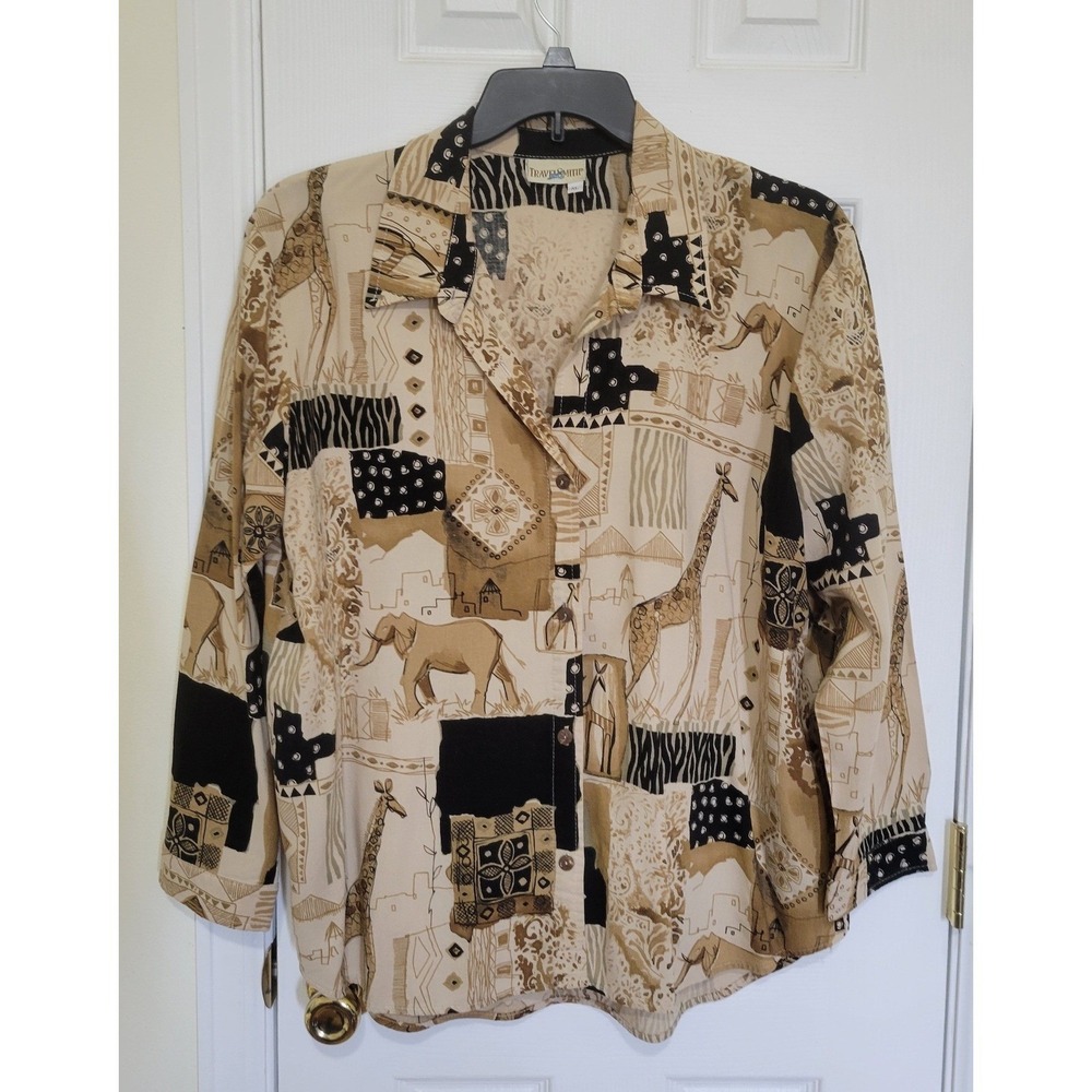 TravelSmith Safari Patchwork Print Button Up Shirt XL Elephant Giraffe Zebra Tan
